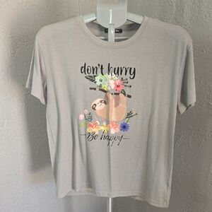 Gray Graphic Tee with Sloth Design Don't Hurry Be Happy